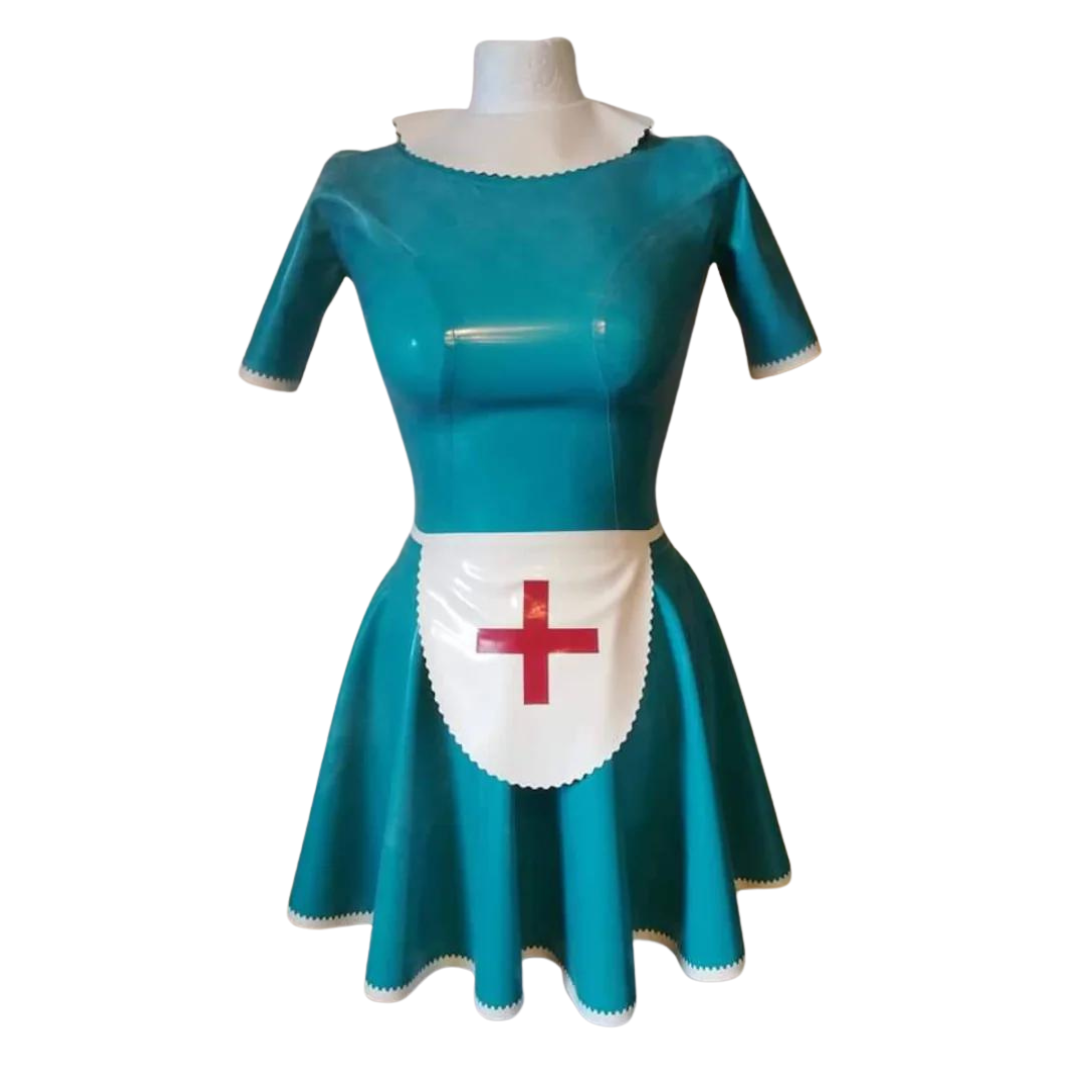 An aqua latex swing dress with white wavy trim edging and pan collar. The short sleeve dress has matching white apron and cap with red cross.