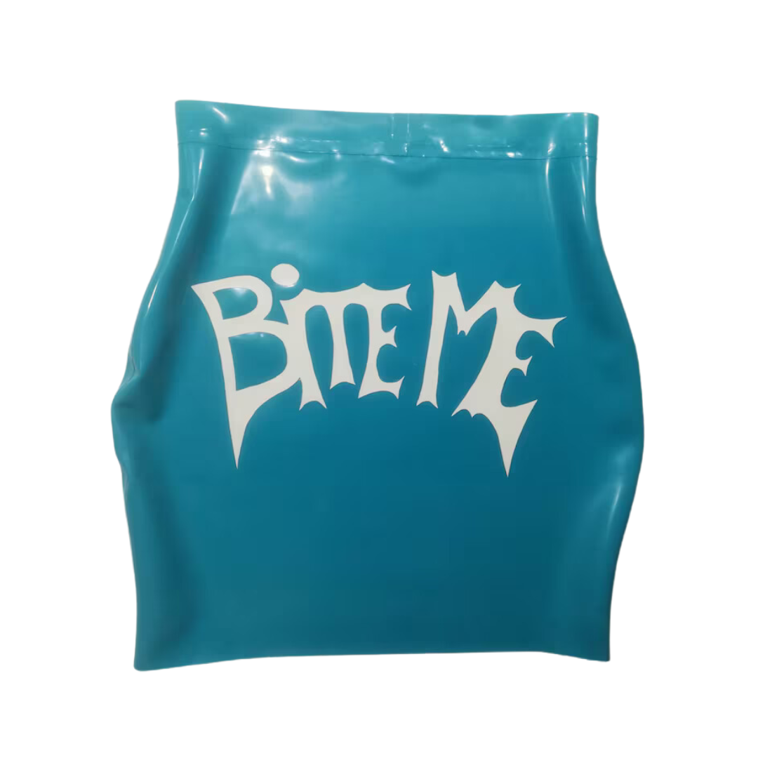 A aqua latex skirt with Bite me  latex text applique