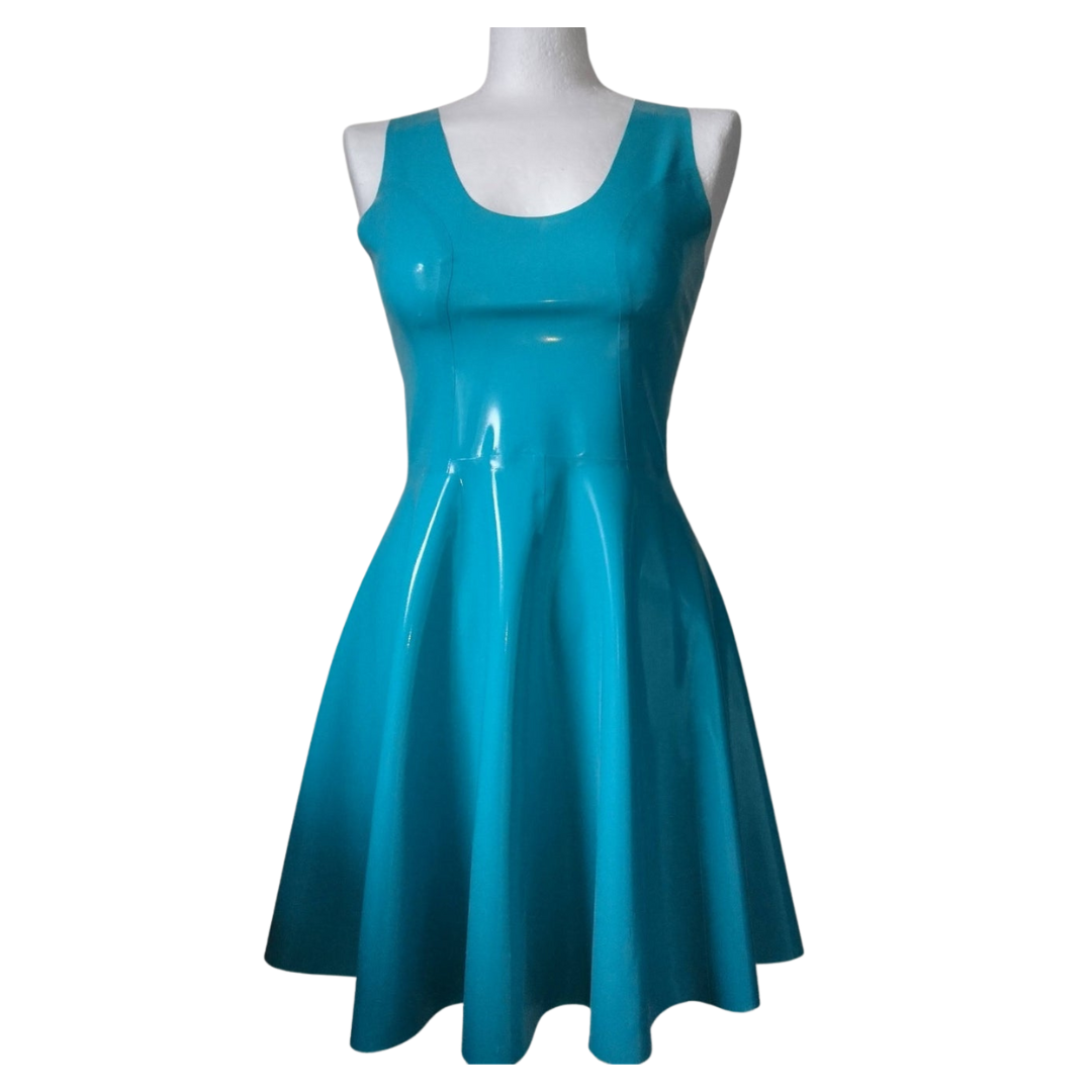 An aqua sleeveless latex swing dress.