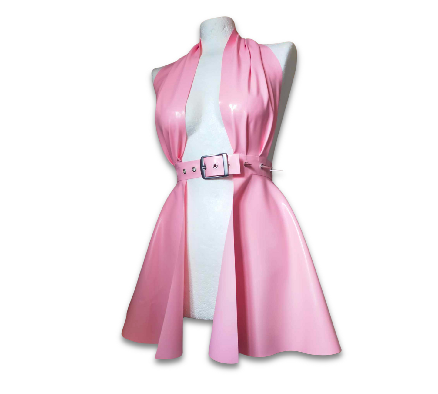 A baby pink latex halter neck peplum dress with attached spiked belt.