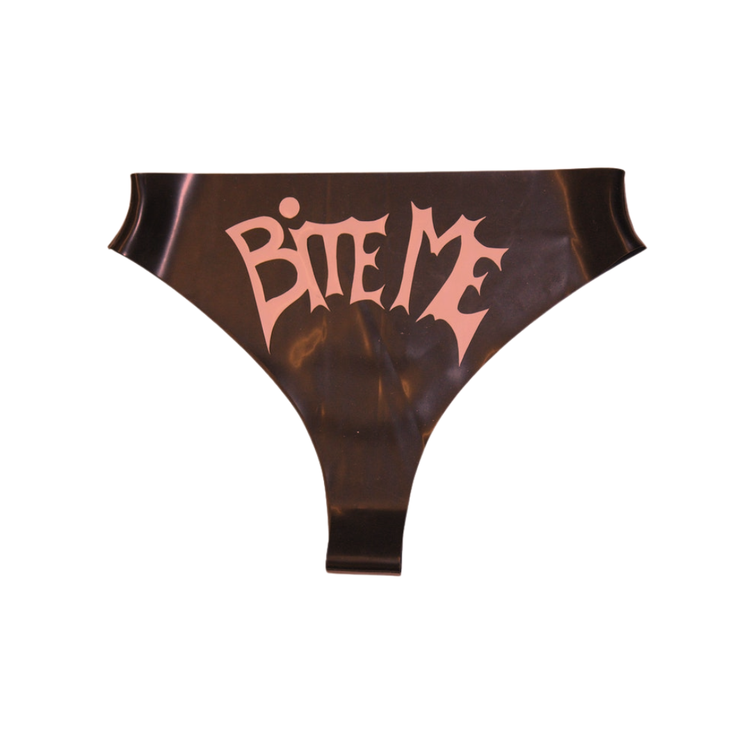 A black latex thong with baby pink Bite Me text.