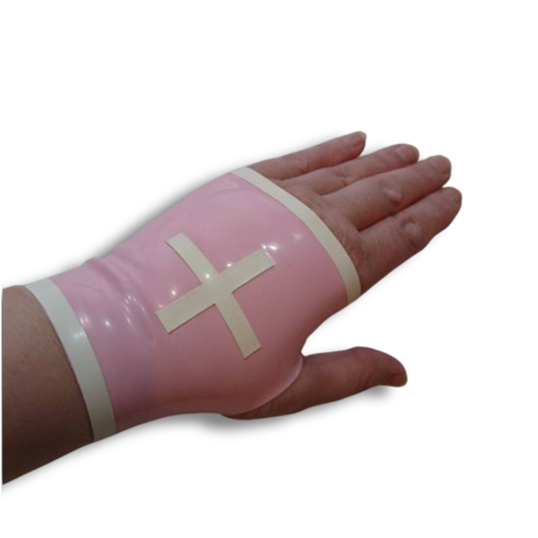A pair of baby pink latex fingerless latex nurse gloves with white trim and white cross appliques.