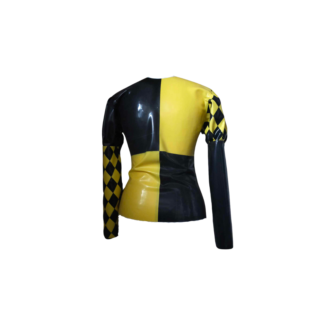 A two tone diamonds jacket in yellow and black. There are panels of solid black opposite black and yellow diamonds.