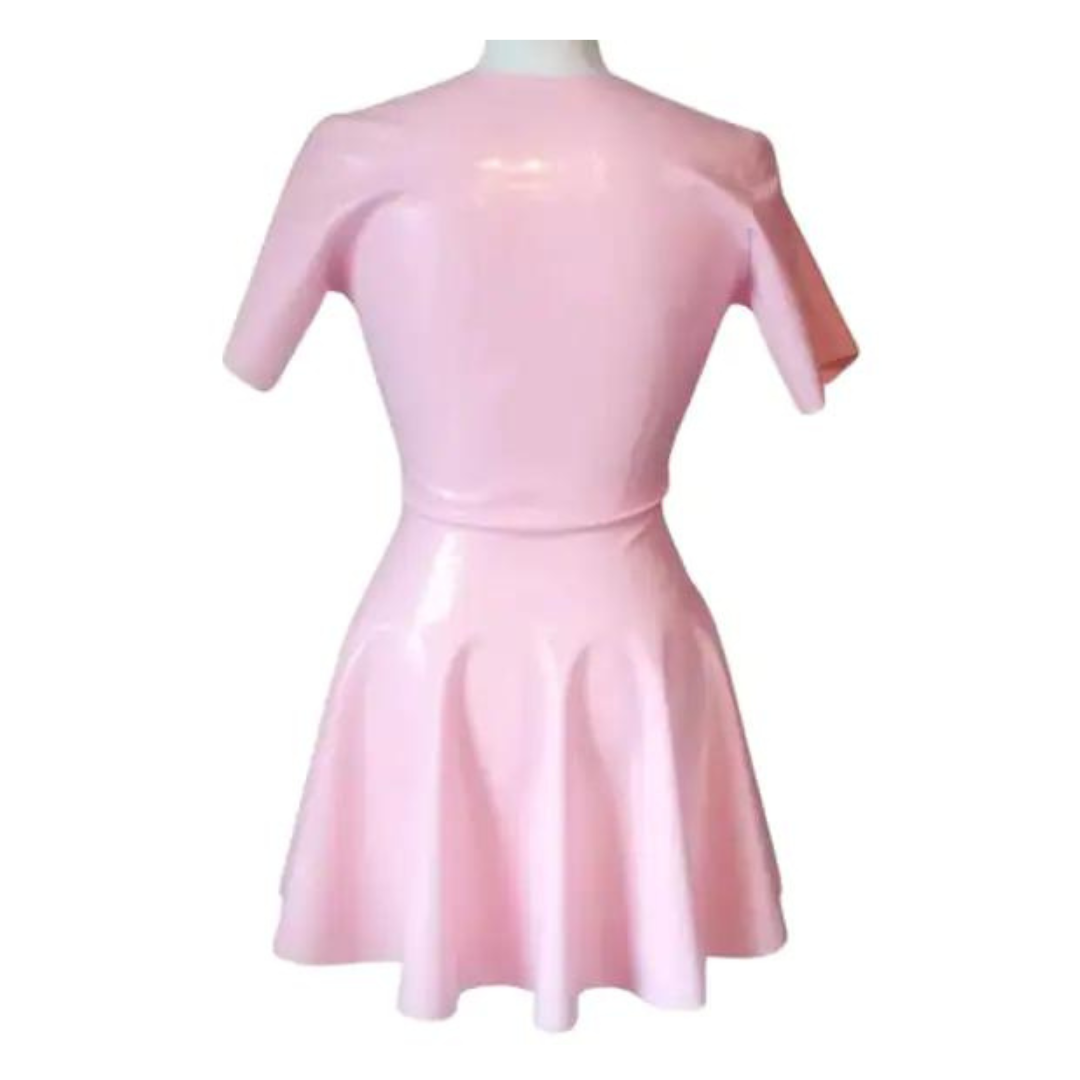 A baby pink zip front swing dress.