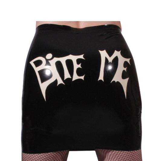 A black latex skirt with Bite me  latex text applique