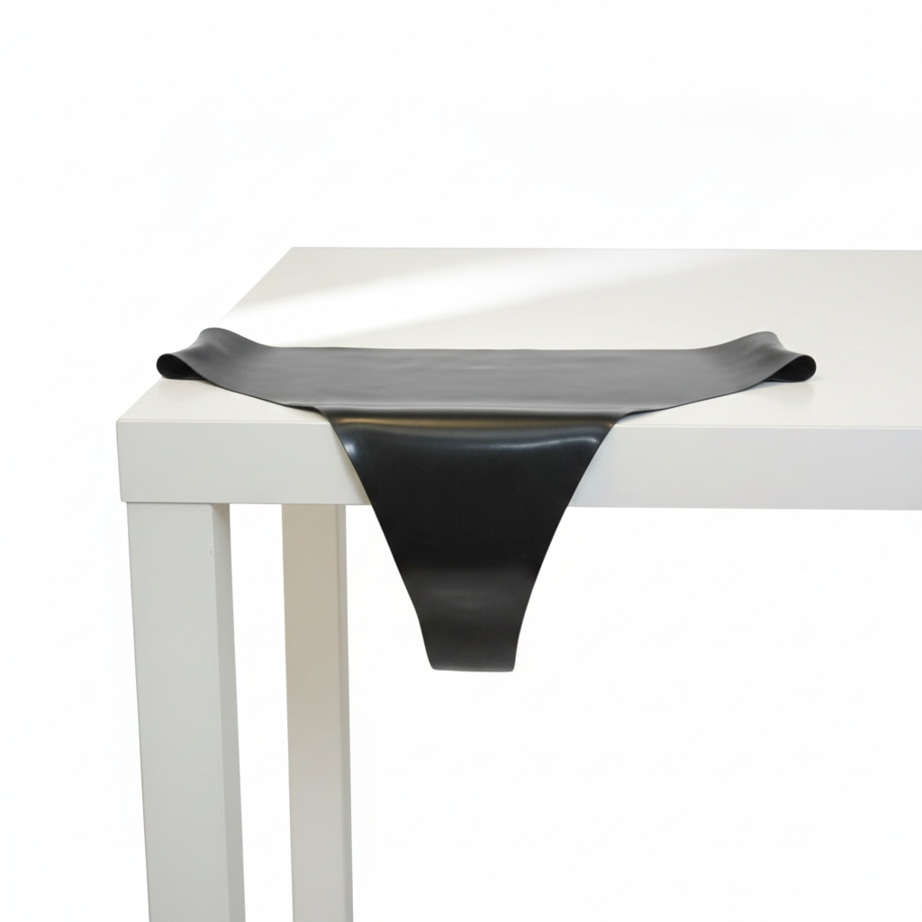 A black latex thong draped over a white table, shown against a clean white background.