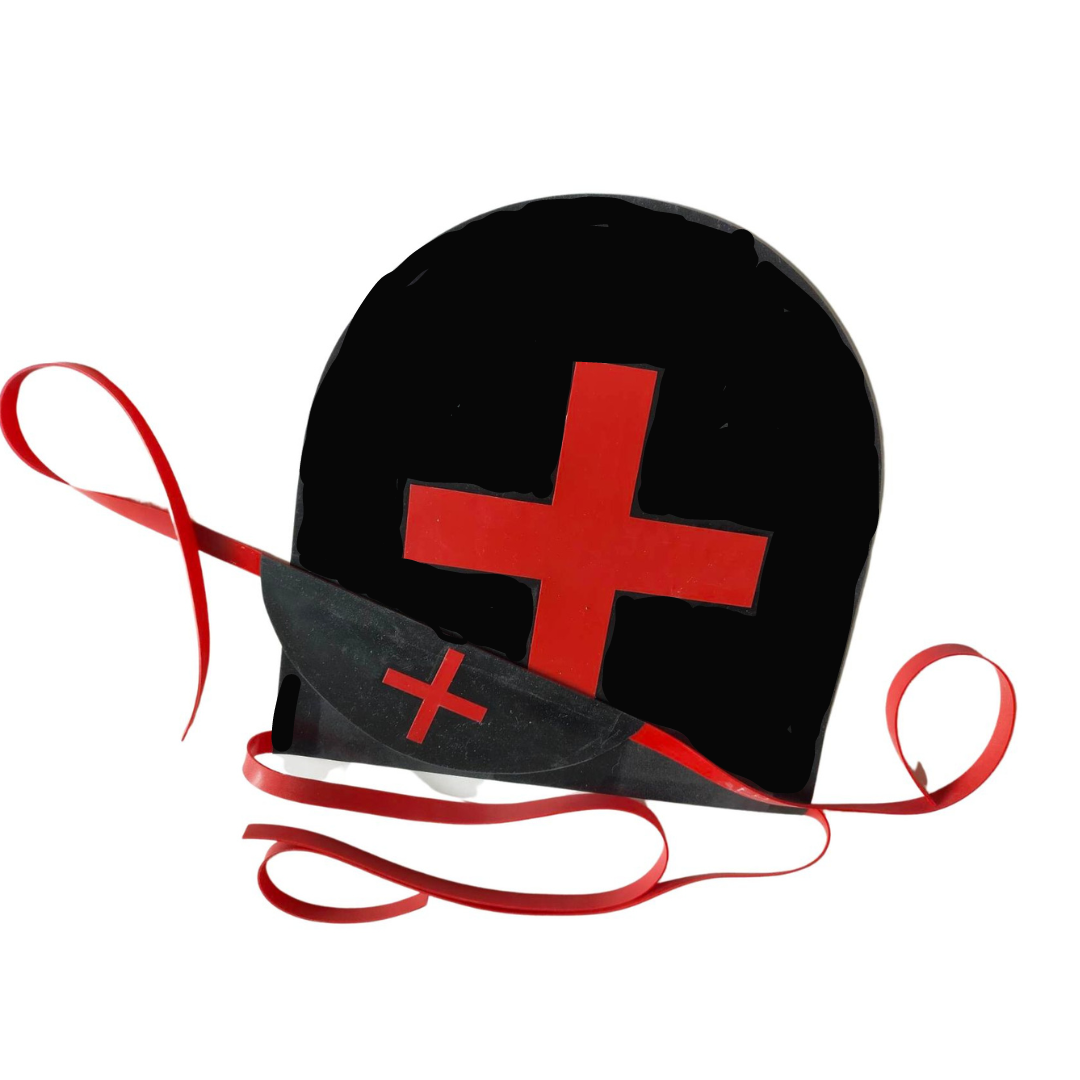 A black apron and cap set with red cross and trim fastening.