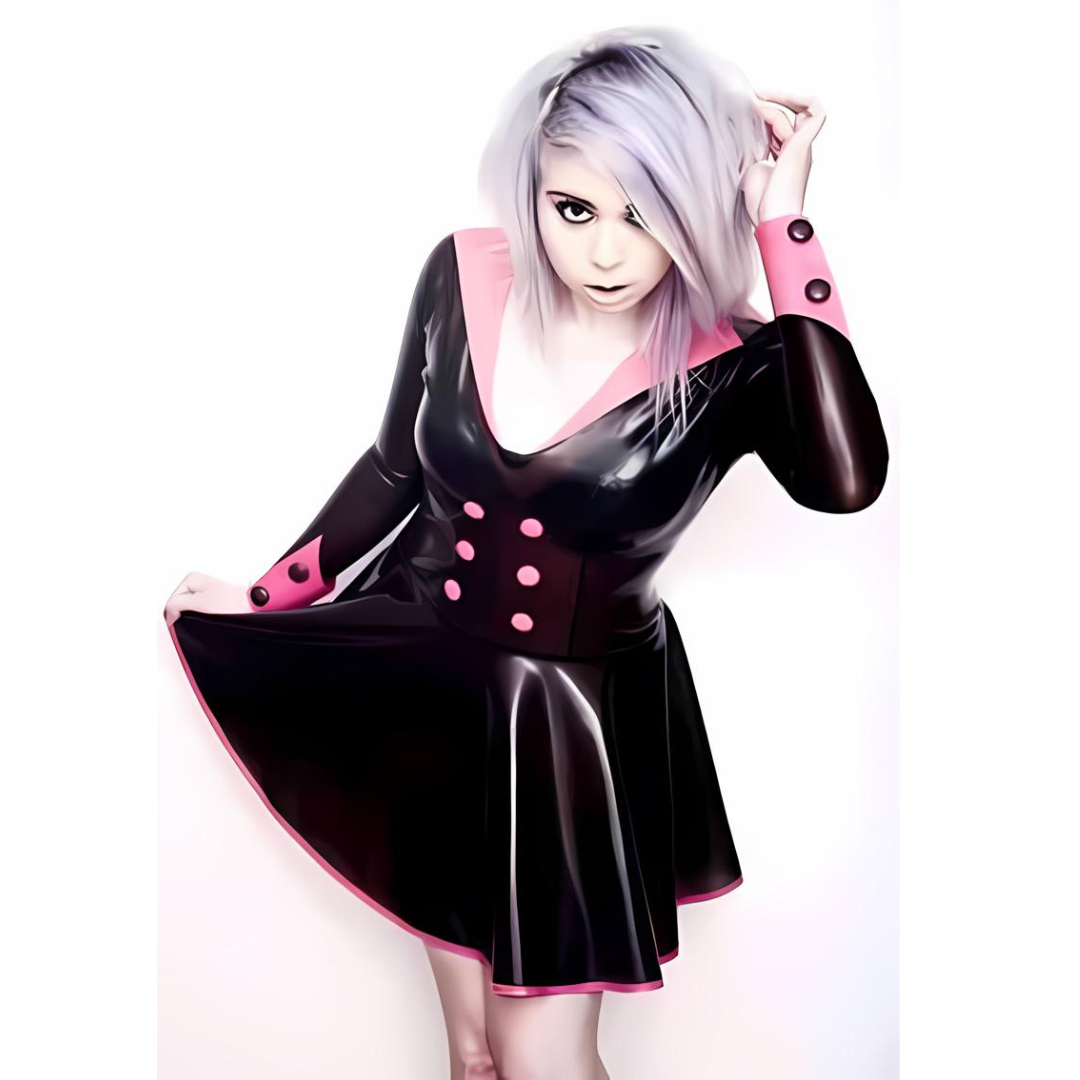 A black latex long sleeved swing dress with a bubble gum pink collar. The cuffs have turn ups with black buttons.