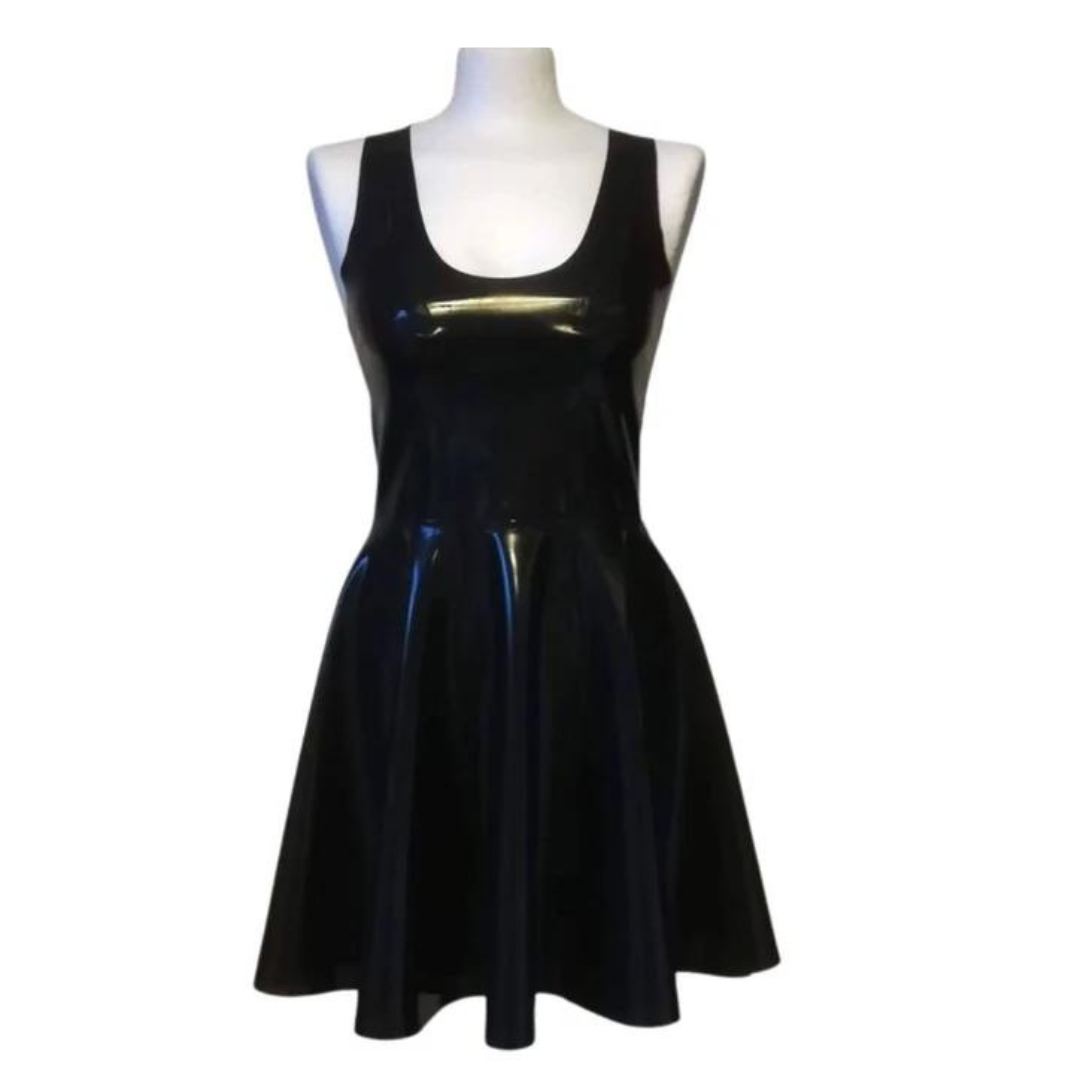 A black sleeveless latex swing dress.