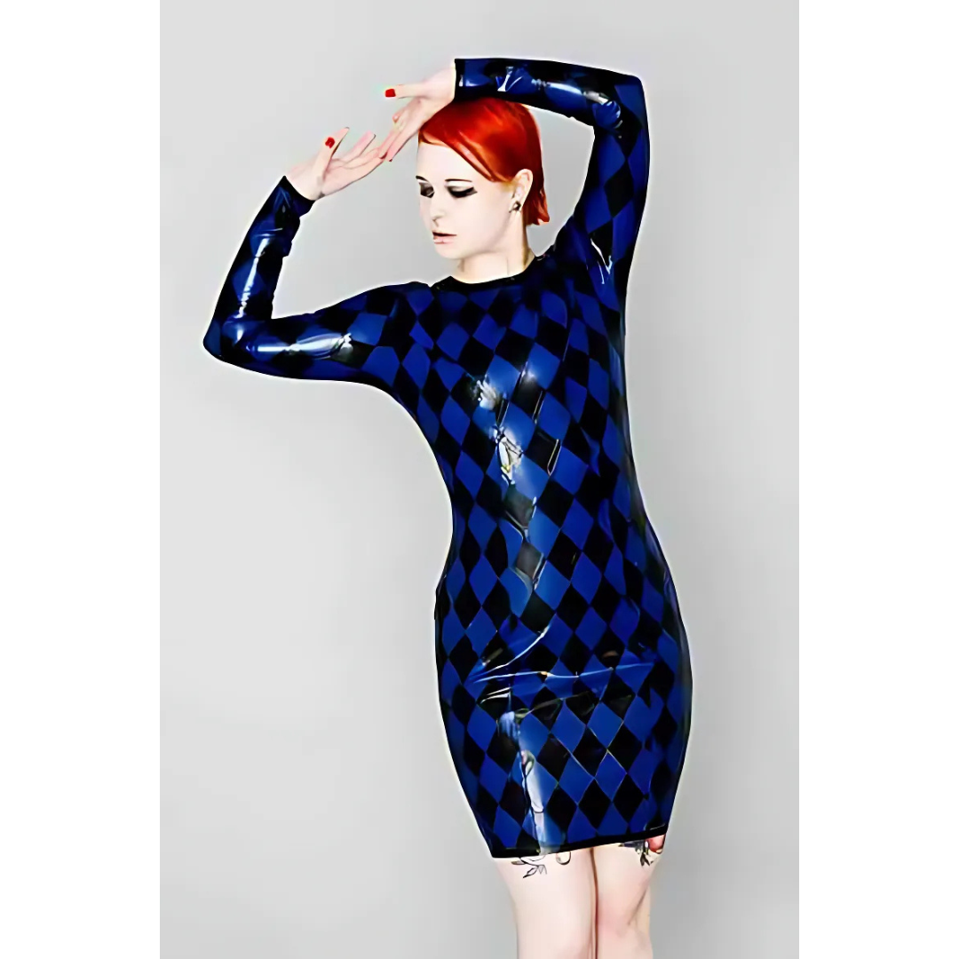 A 60s style long sleeved latex dress made from black an blue diamonds.