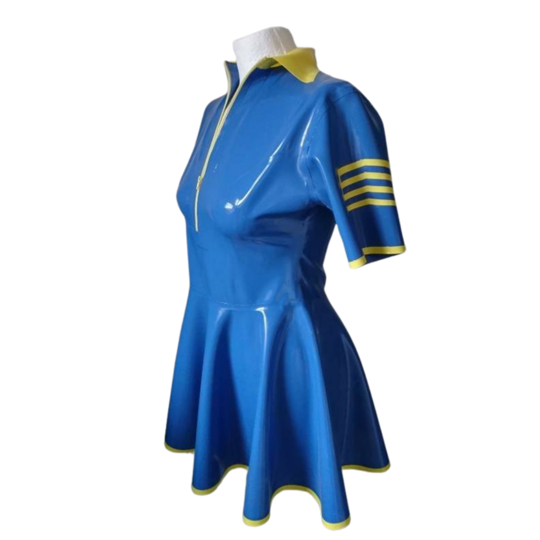 A mid blue latex swing dress with yellow trim detail.