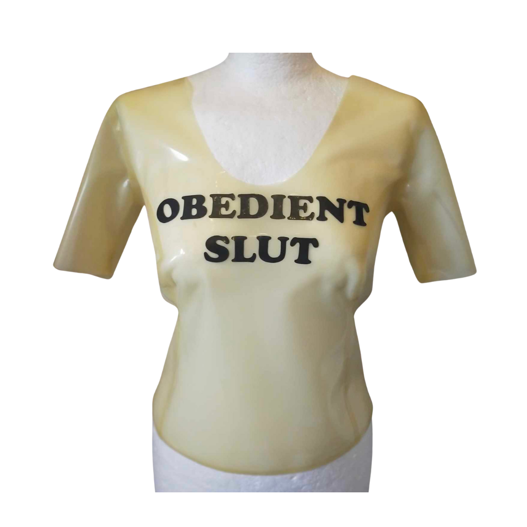 A scoop neck translucent natural latex t shirt with black custom text appliques.