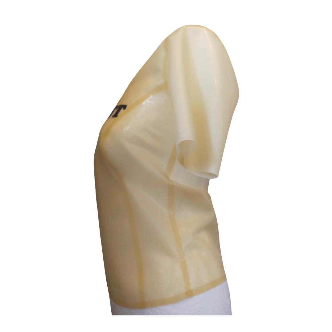 A scoop neck translucent natural latex t shirt with black custom text appliques.