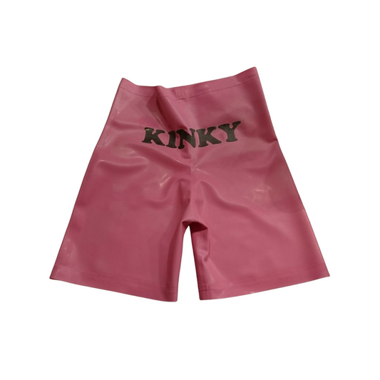 A pair of bubble gum pink latex board shorts with black text detail on the back.