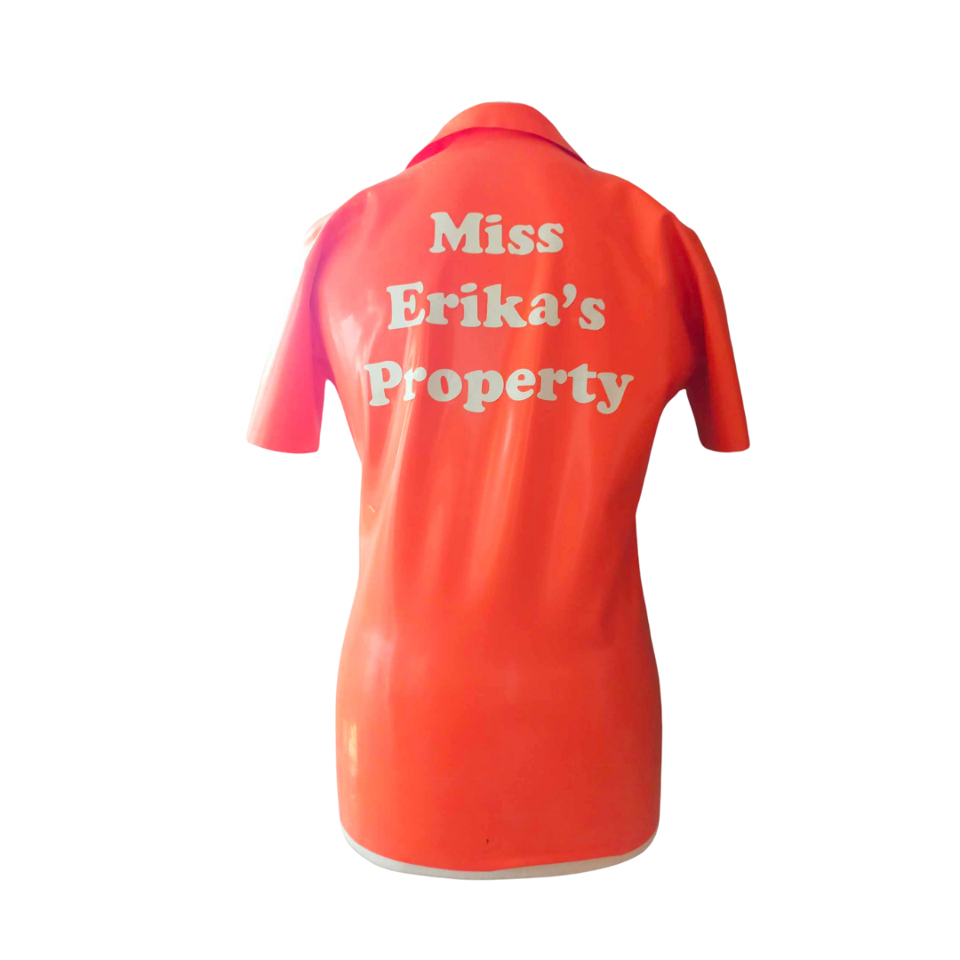 A orange latex polo shirt with white custom text on the back.