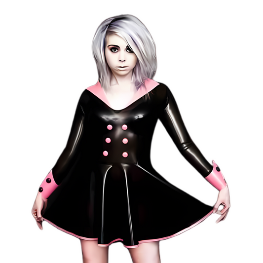 A black latex long sleeved swing dress with a bubble gum pink collar. The cuffs have turn ups with black buttons.