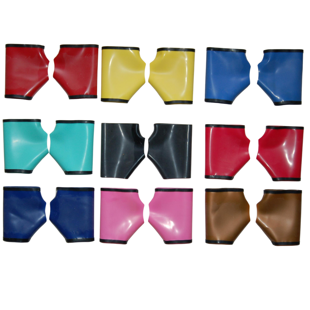 9 pairs of fingerless latex gloves n a range of colours including yellow, aqua and pink all with black trim.