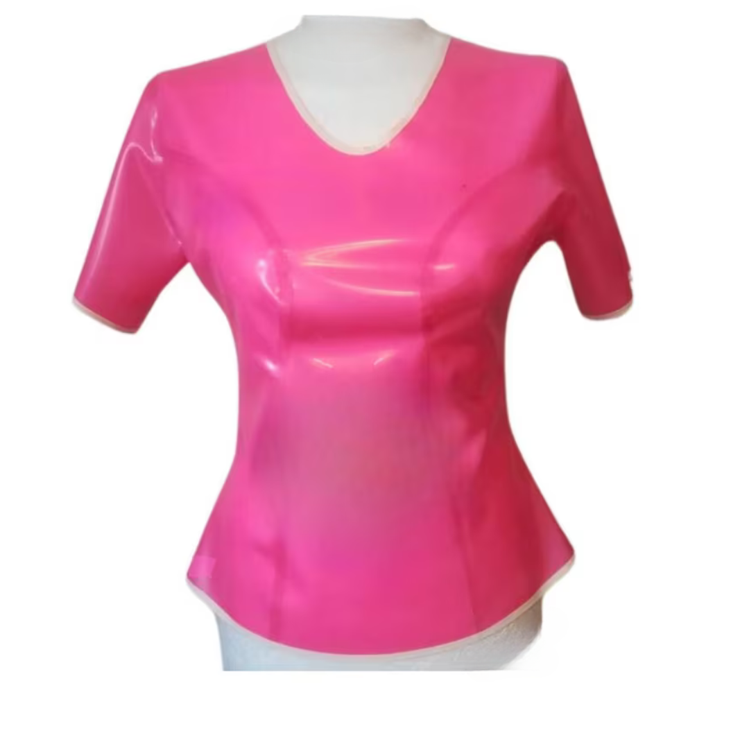 A bubble gum fitted latex t shirt.