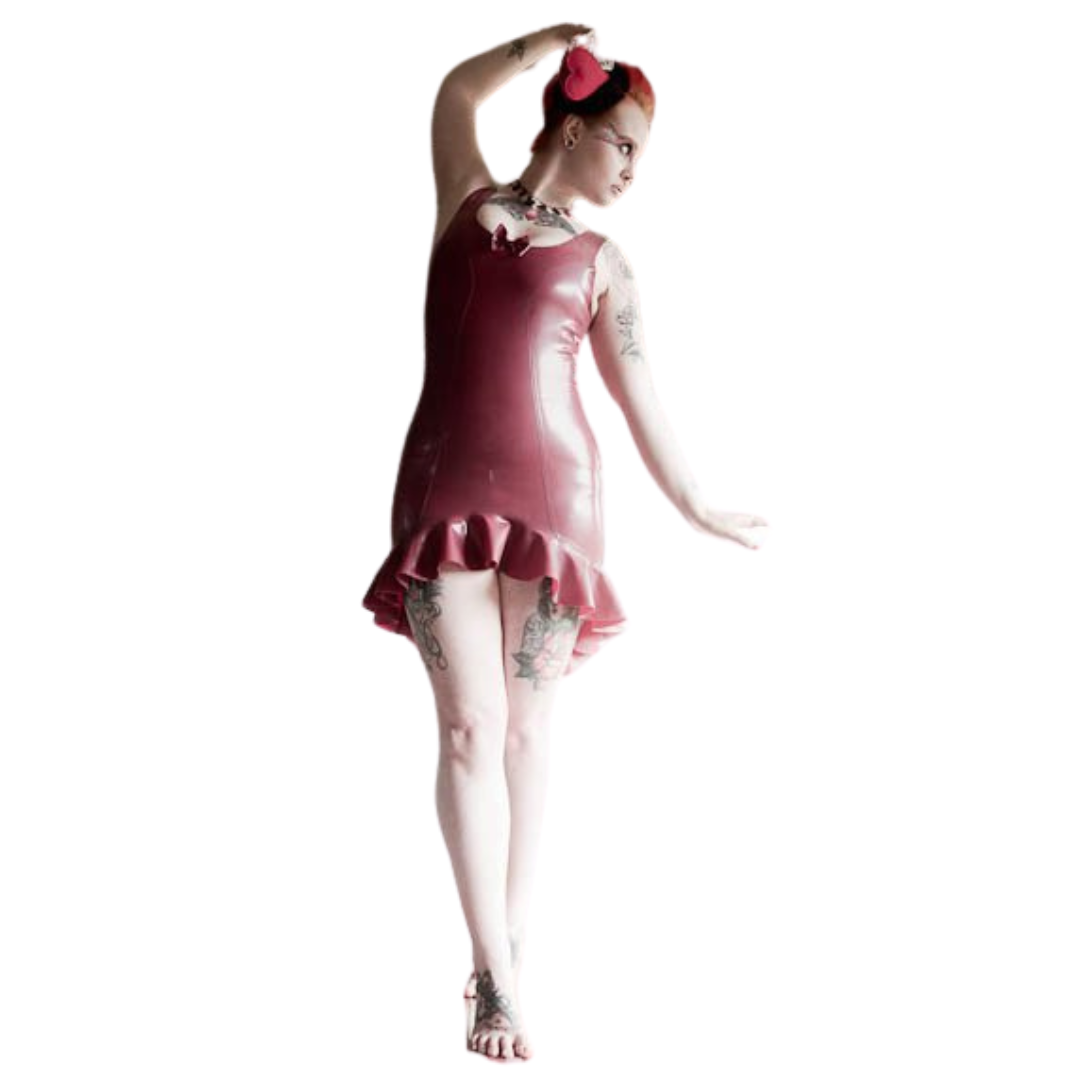 A short sleeveless latex dress with a flounced hem and cute bow.