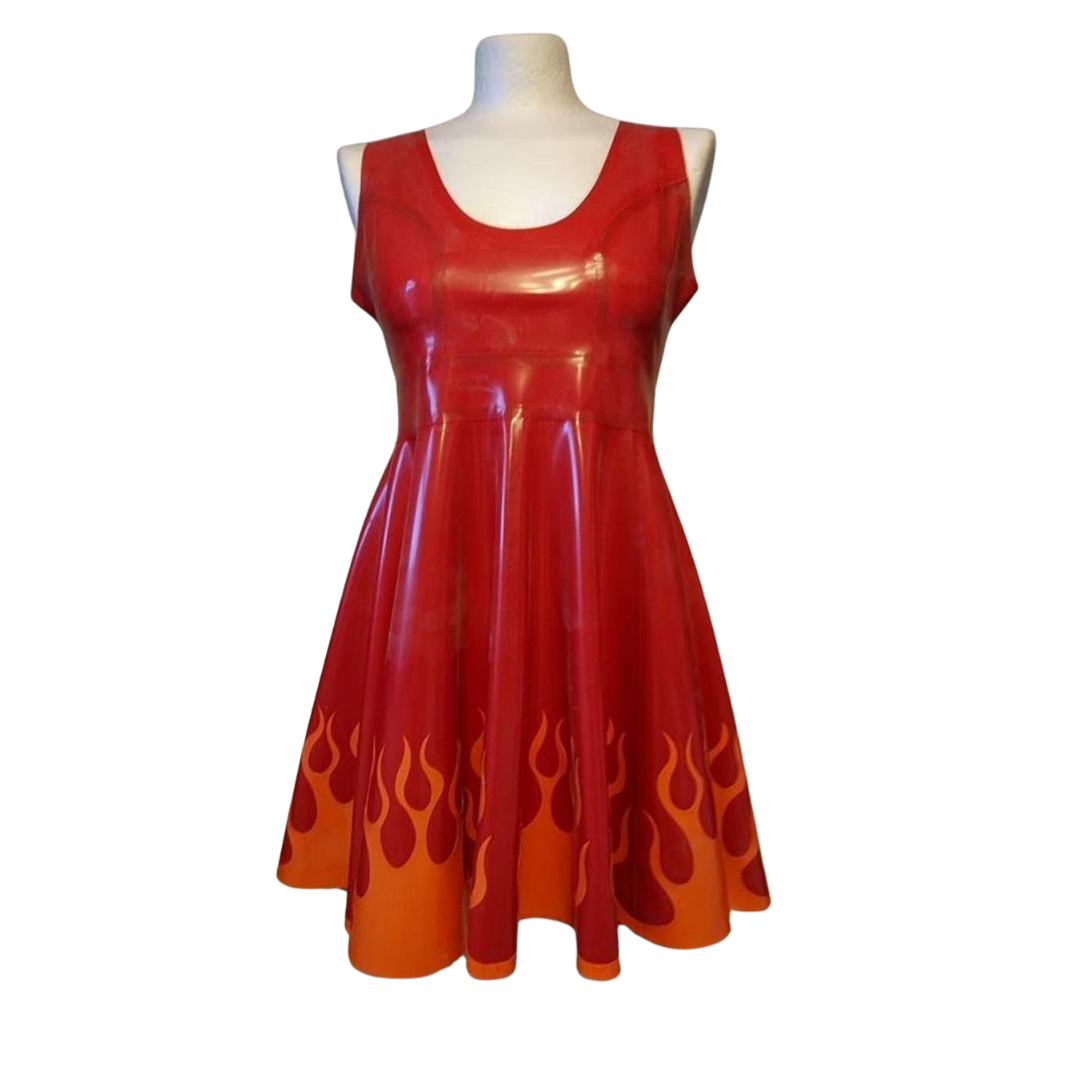 A red latex sleeveless swing dress with orange flames appliques around the hemline.