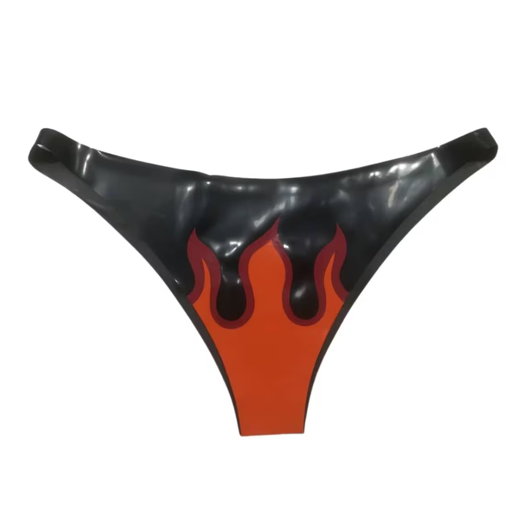A black latex thong with red an orange flames appliques.