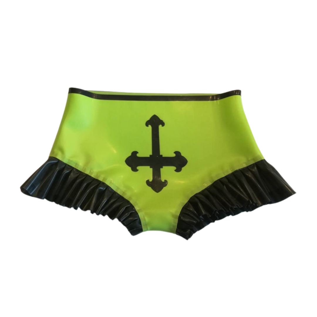 A pair of lime green latex knickers with black frill edging around the leg line. It features an inverted cross applique on the front.