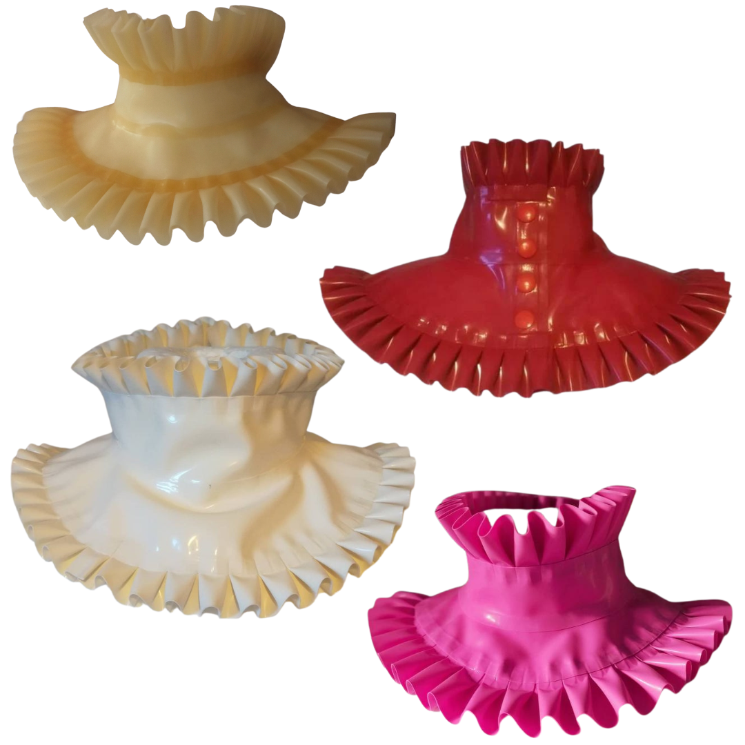 A translucent natural frilled latex choker with frill trim. Shown with red, bubble gum pink and white latex options.