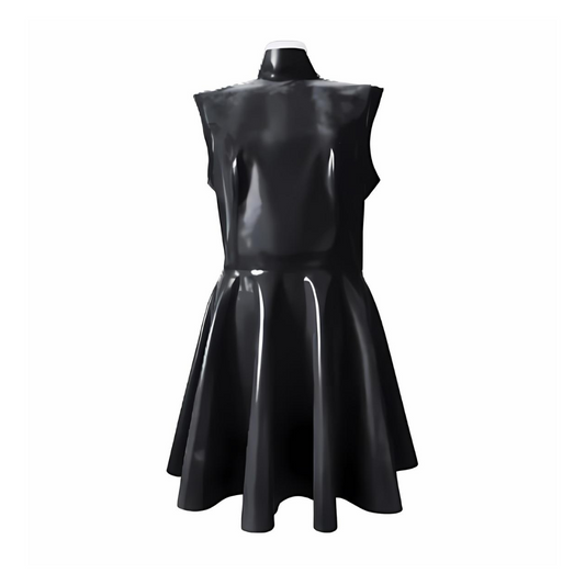 A black high neck latex sleeveless dress with a flared skirt and back zip.