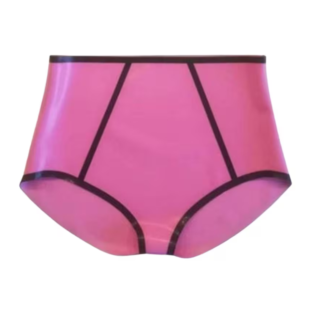 A pair of bubble gum pink high waist knickers with black trim detail.