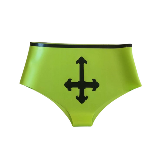 A air of lime green high waist latex knickers with black trim and black inverted Celtic cross applique.