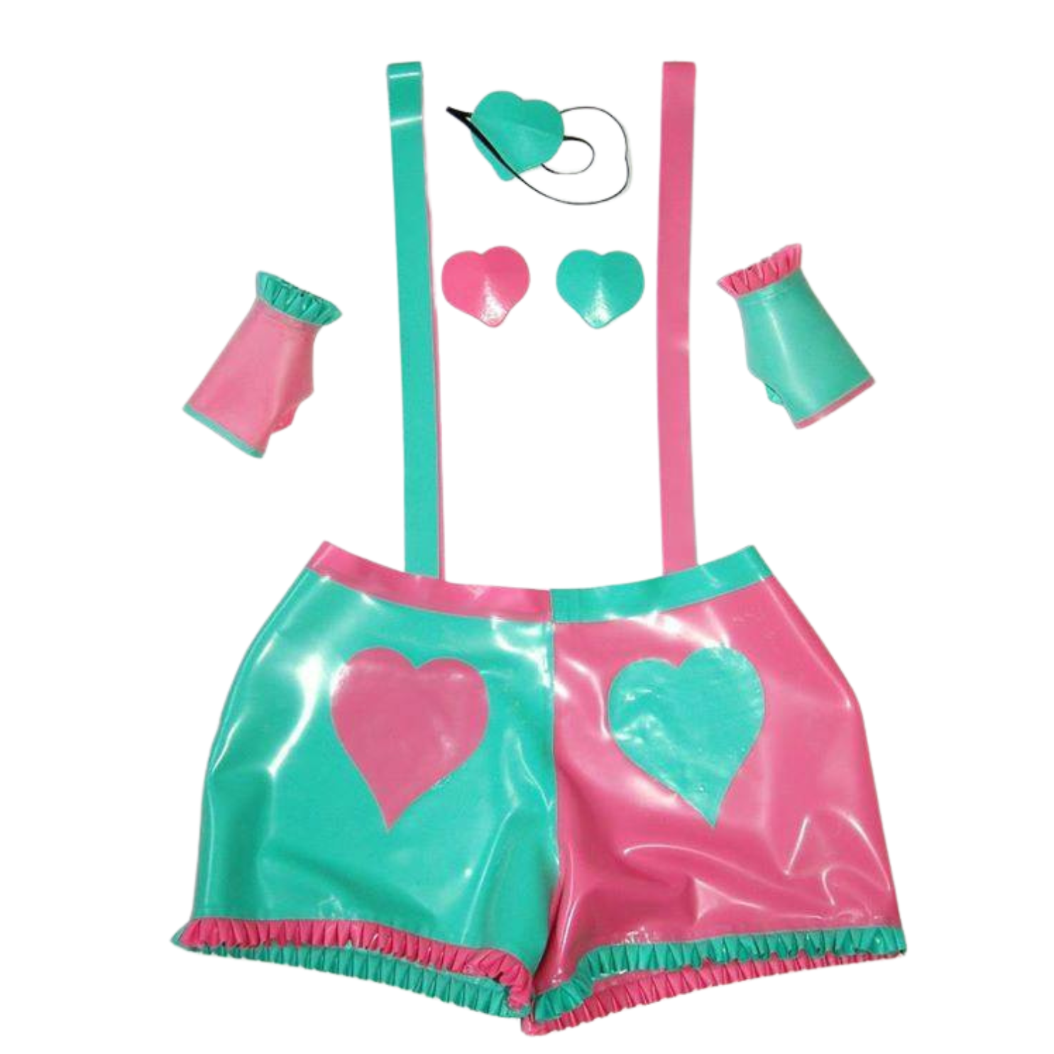 A pink and jade green two tone latex brace frilled shorts set. Complete with gloves and pasties.