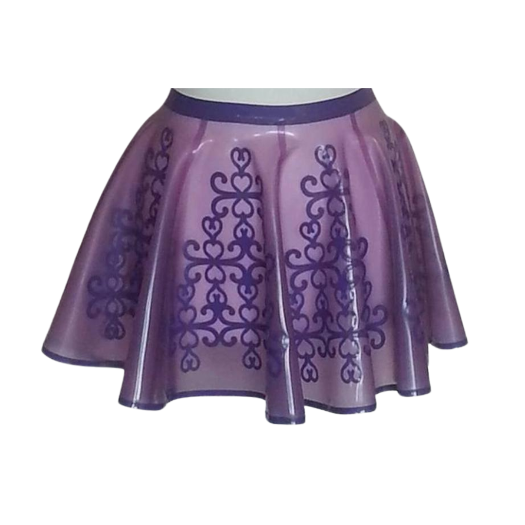 A translucent lilac skater skirt with a baroque style pattern and trim detail.