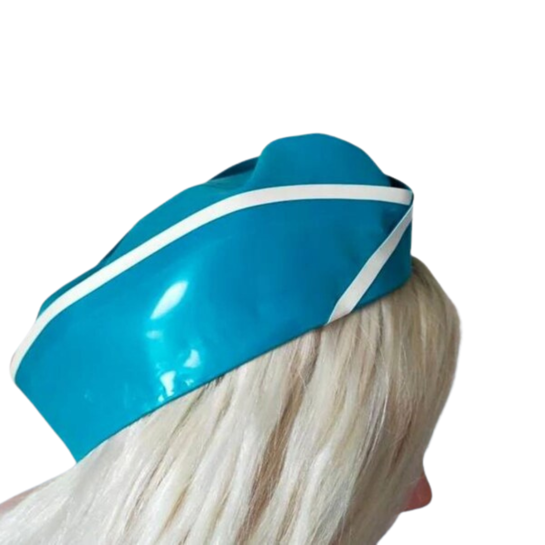 An aqua coloured latex airline side cap with white trim detail.