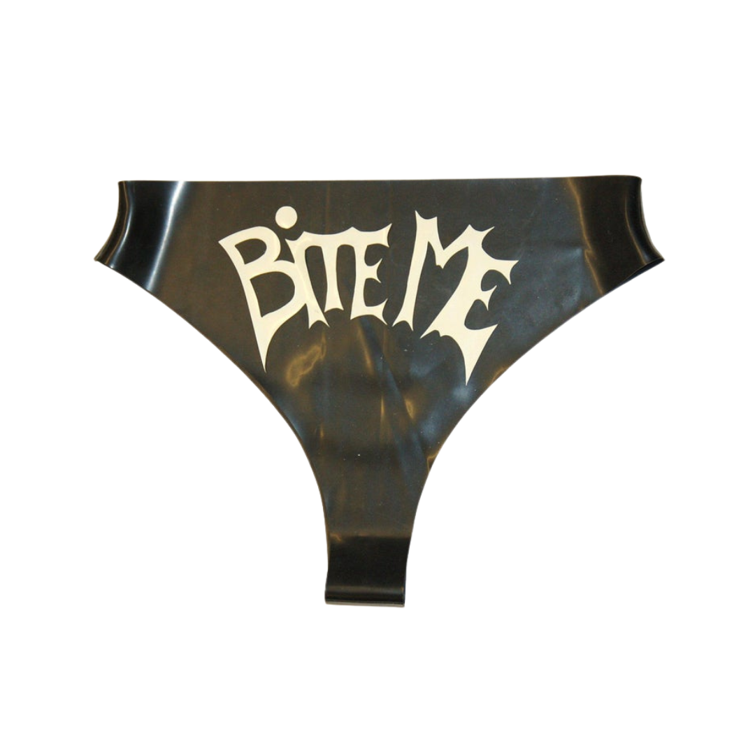 A black latex thong with white Bite Me text.