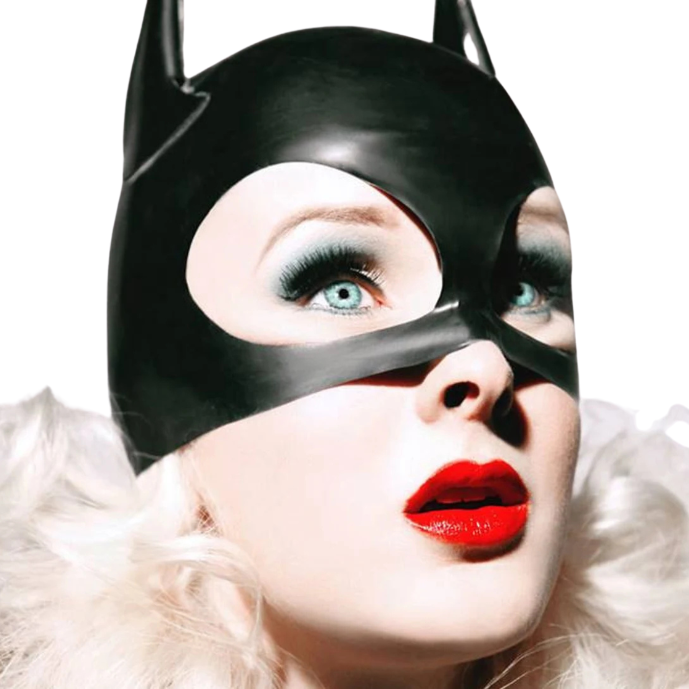 A black latex half hood mask with pointed ears detail.