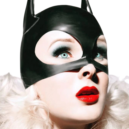 A black latex half hood mask with pointed ears detail.