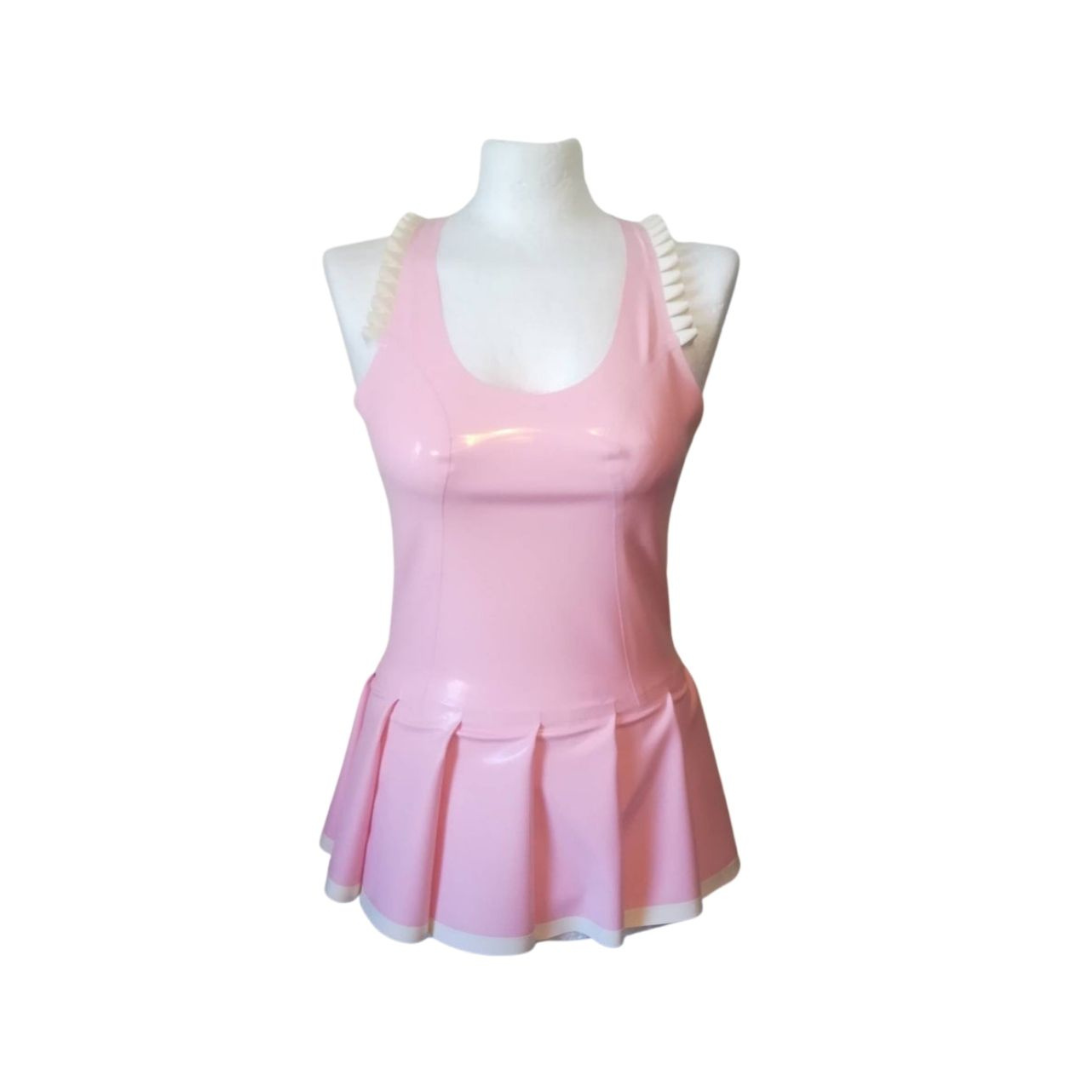 A baby pink latex cheer leader dress with white frill detail