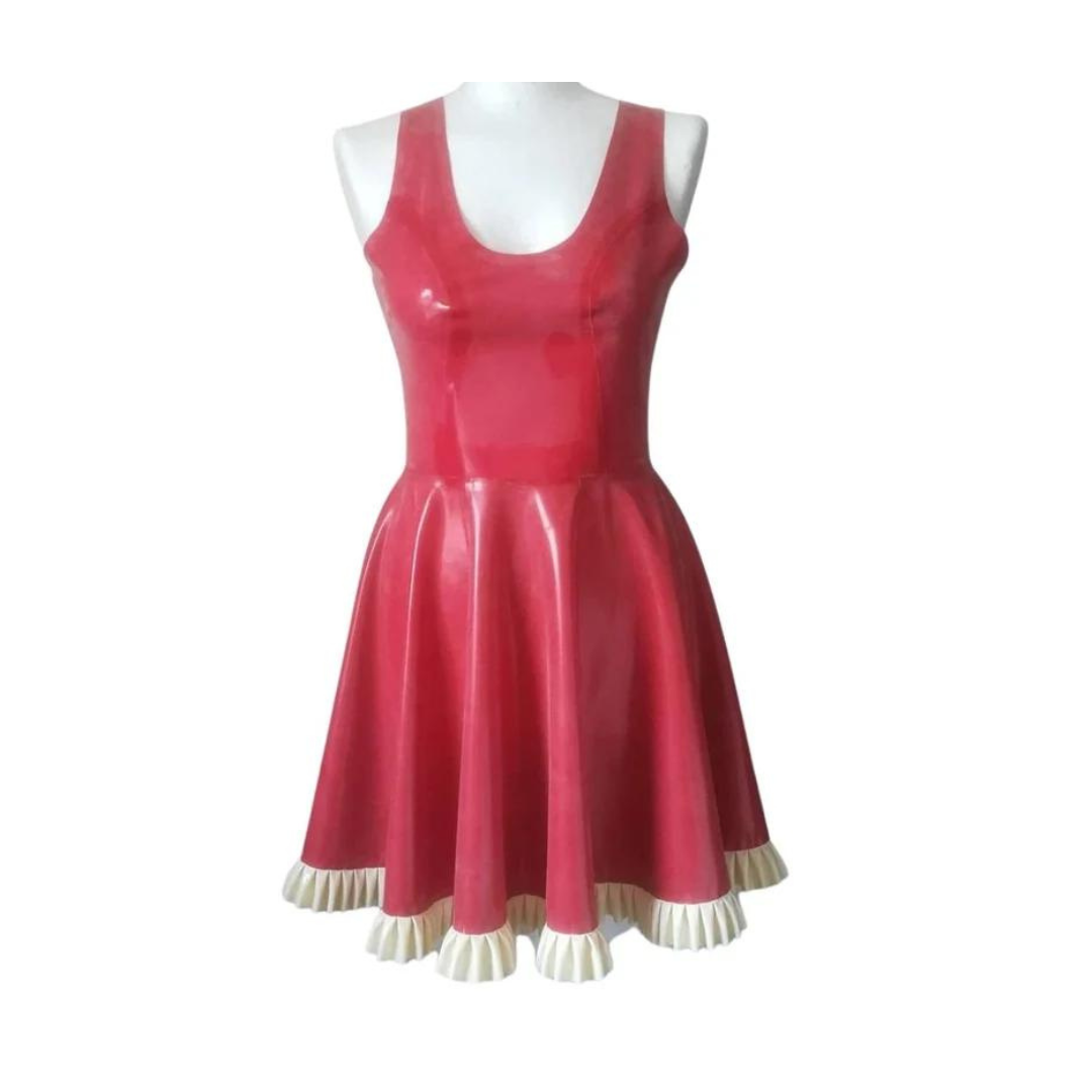A red latex dress with frill hem in classic white.