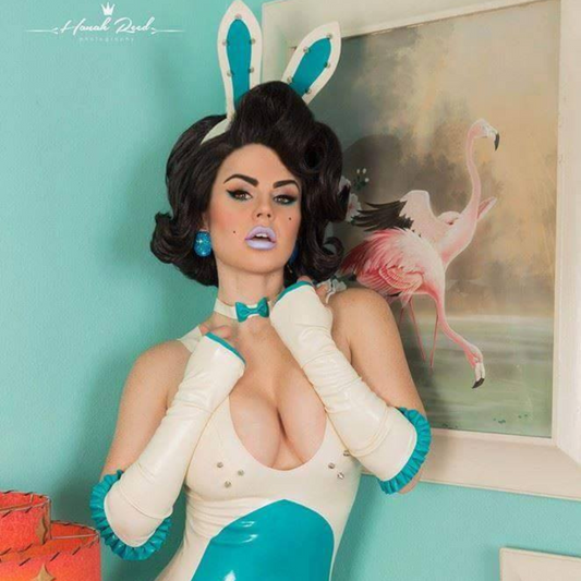 White latex elbow length fingerless gloves with aqua trim and frilly edge.