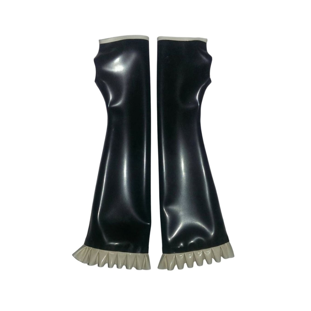 Black latex elbow length fingerless gloves with white trim and frilly edge.