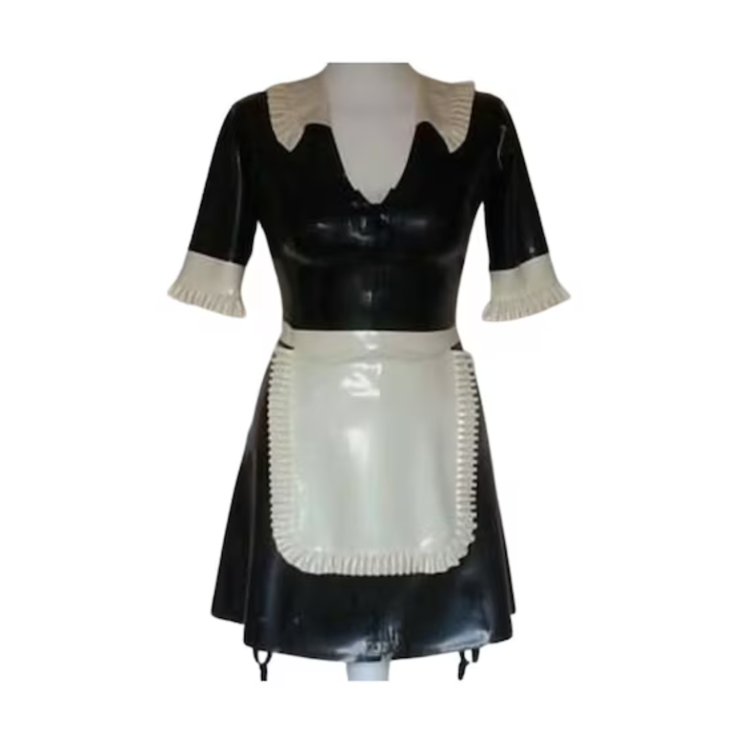 A black latex French maid outfit, comprising of dress and apron.
The white latex apron , cuffs and collar feature delicate frills.