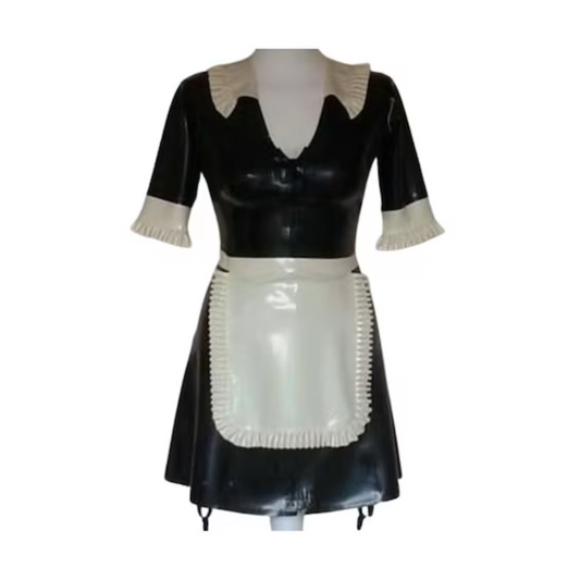A black latex French maid outfit, comprising of dress and apron.
The white latex apron , cuffs and collar feature delicate frills.