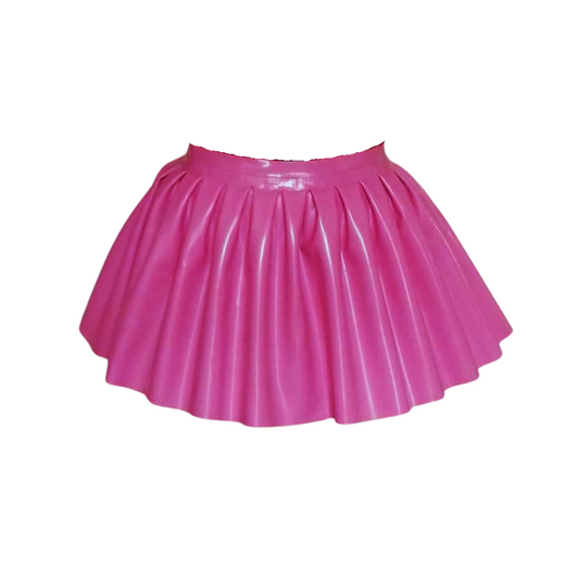 A bubble gum pink short pleated latex skirt