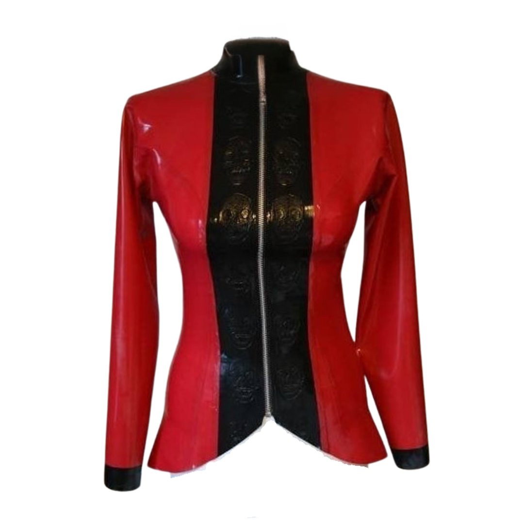 A red latex jacket with silver coloured zip opening. The collar is a mandarin style . The front of the jacket and cuffs feature embossed skull latex panels.
