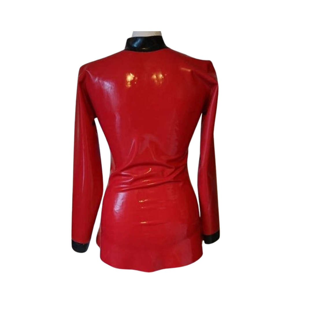 The back of a red latex jacket with silver coloured zip opening. The collar is a mandarin style . The front of the jacket and cuffs feature embossed skull latex panels.