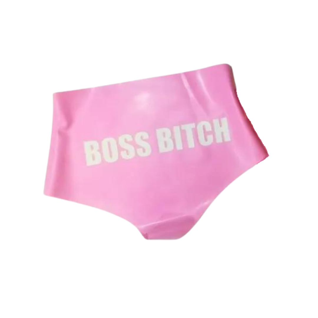 A pair of bubble gum pink latex knickers with text applique.