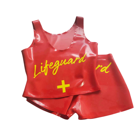 Red latex sleeveless top and shorts set. Lifeguard text applique detailing.
