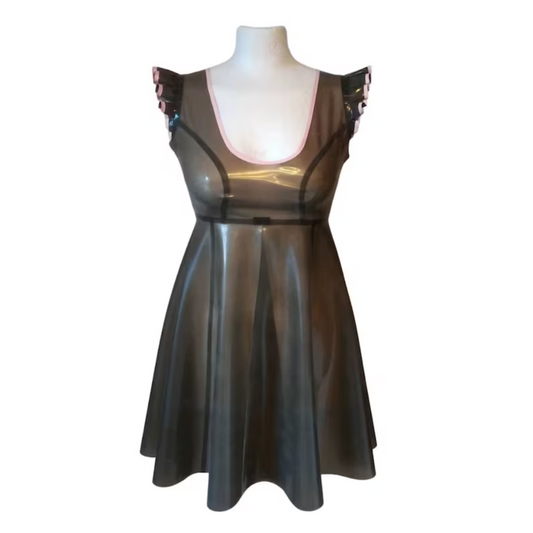 A translucent Smokey black latex nightie with frilled cap sleeves and baby pink trim.
