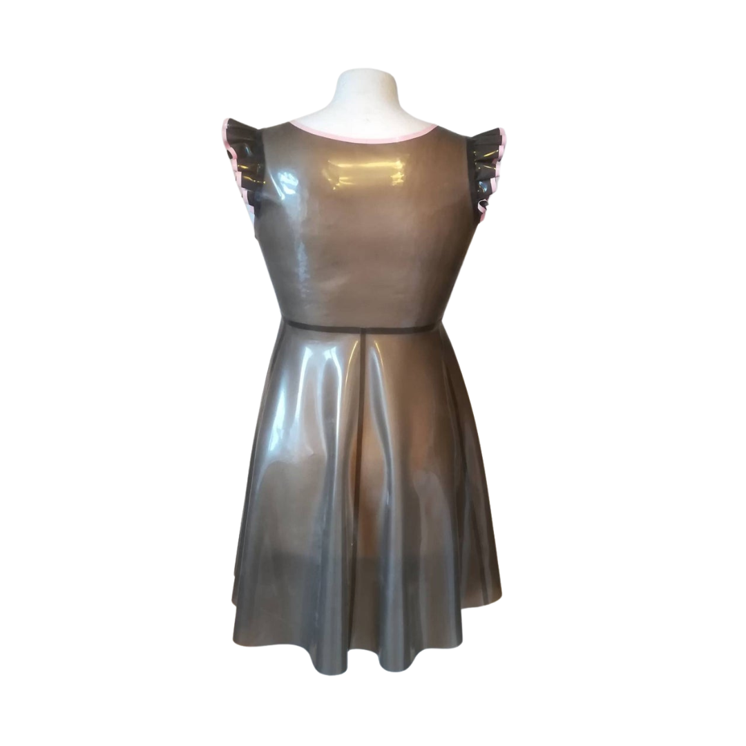A translucent Smokey black latex nightie with frilled cap sleeves and baby pink trim.