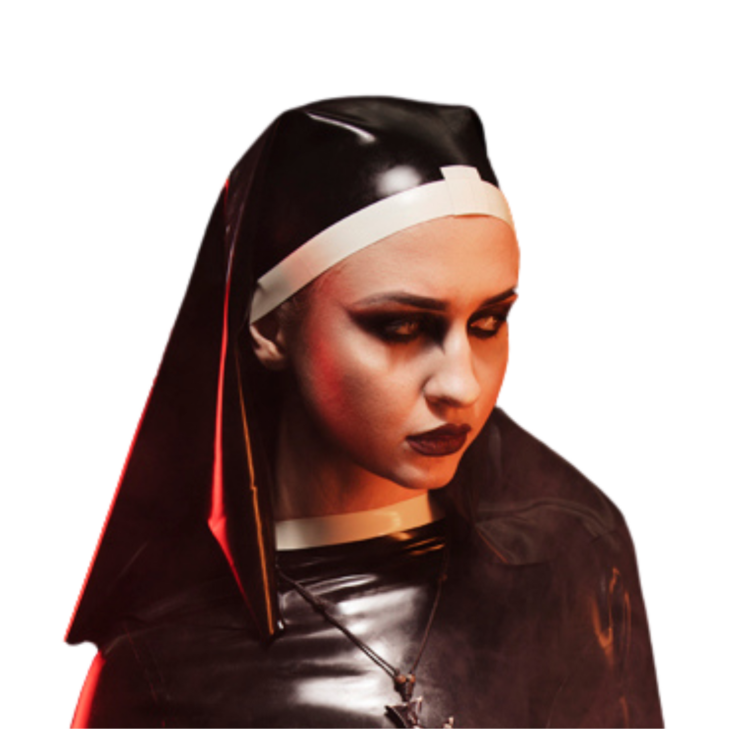 A black latex nun veil with white trim edging.